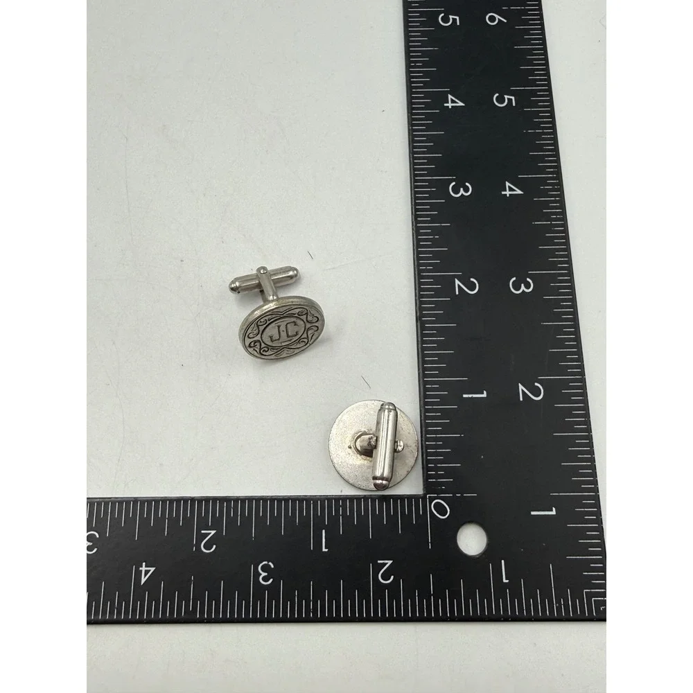 Vintage Monogram JC Silver Tone Round Scrollwork Cufflinks Mens Formal Accessory